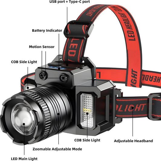 LED Telescopic Headlamp Head Torch Rechargeable Motion Sensor